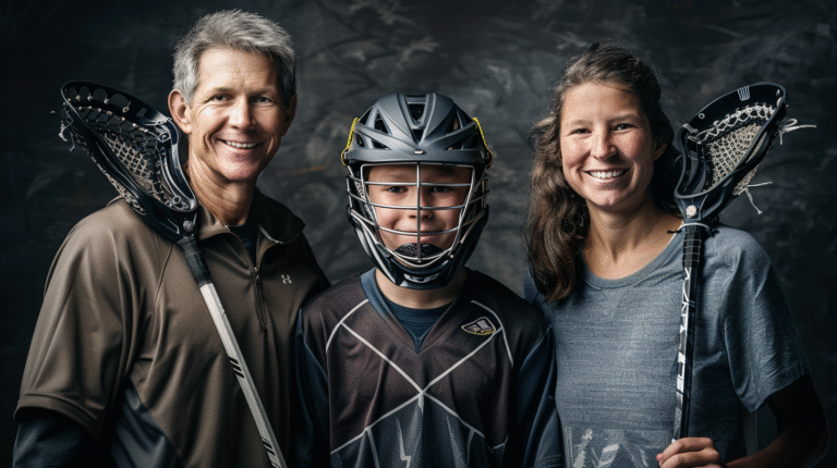 A portrait of two parents standing proudly with their teenager in Lacrosse gear, each parent holding a Lacrosse stick, helping youth Lacrosse improve, everyone smiling with confident and determined expressions.