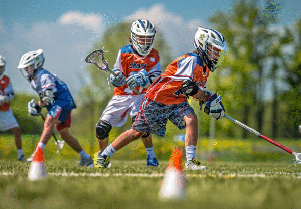 Young athletes engaged in fun youth Lacrosse drills around cones on the field.