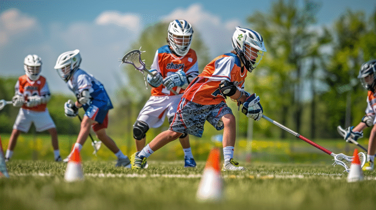 Young athletes engaged in fun youth Lacrosse drills around cones on the field.