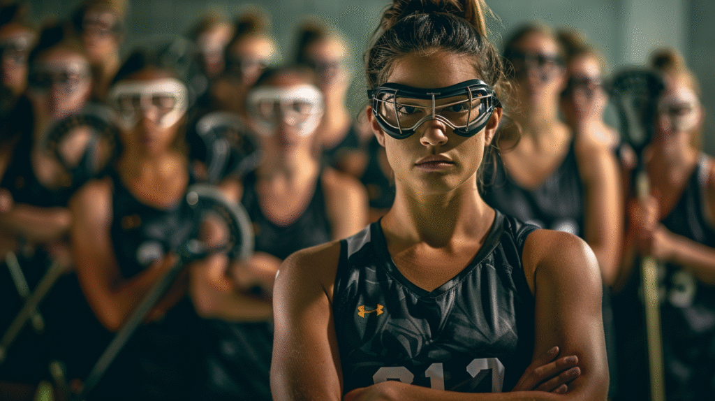 A portrait of a female lacrosse player, standing in front of their crowd with arms crossed and wearing goggles, looking at the camera, all facing forward, symbolizing women transforming lacrosse culture.