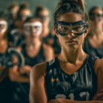 A portrait of a female lacrosse player, standing in front of their crowd with arms crossed and wearing goggles, looking at the camera, all facing forward, symbolizing women transforming lacrosse culture.