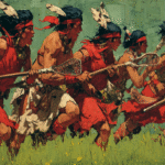 Native American men and women playing Lacrosse on a green grass field, illustrating the origins of Lacrosse.