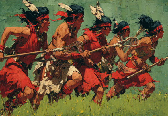 Native American men and women playing Lacrosse on a green grass field, illustrating the origins of Lacrosse.