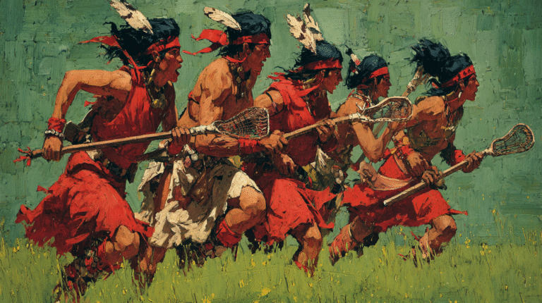 Native American men and women playing Lacrosse on a green grass field, illustrating the origins of Lacrosse.