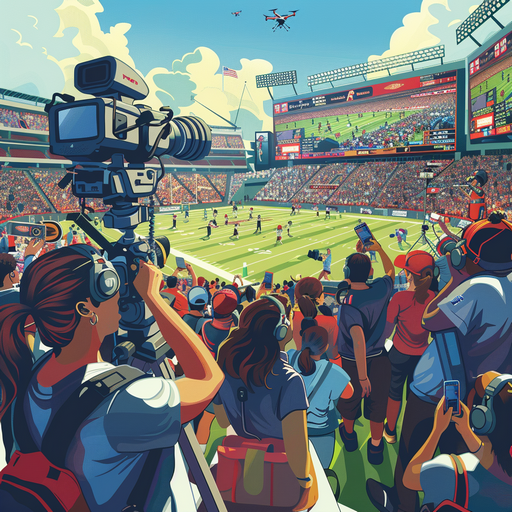 An American lacrosse stadium filled with fans, cameras, and camera crews capturing the game, showing women transforming lacrosse culture.