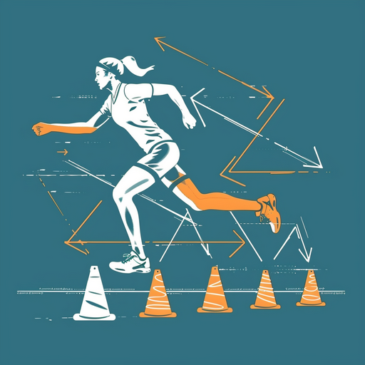Playing women’s Lacrosse training drill diagram, female athlete icon running cone zig-zag pattern.