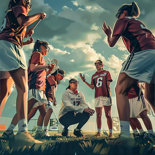 A female lacrosse coach talking to her players, women transforming lacrosse culture through leadership and mentorship