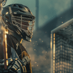 Professional Lacrosse goalie standing in front of the goal demonstrating a complete Lacrosse goalie gear setup.