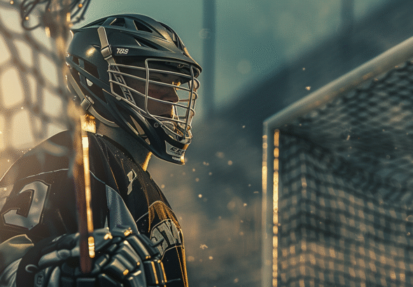 Professional Lacrosse goalie standing in front of the goal demonstrating a complete Lacrosse goalie gear setup.