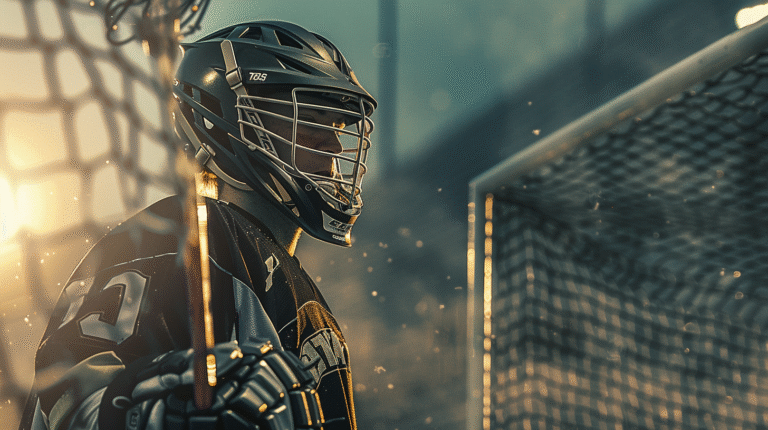 Professional Lacrosse goalie standing in front of the goal demonstrating a complete Lacrosse goalie gear setup.