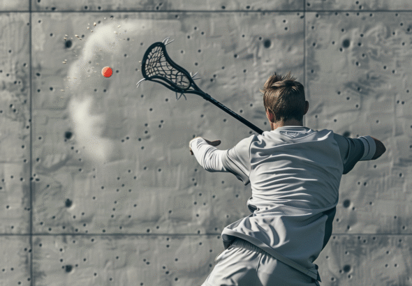 A Lacrosse player practicing wall ball against a concrete wall during Master Lacrosse Wall Ball training.