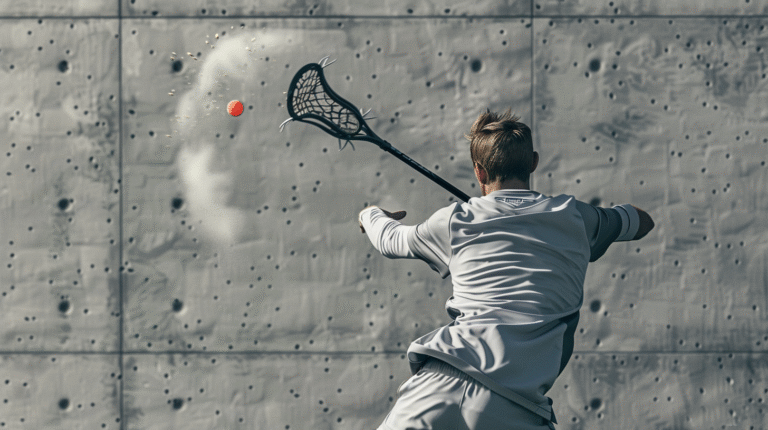 A Lacrosse player practicing wall ball against a concrete wall during Master Lacrosse Wall Ball training.