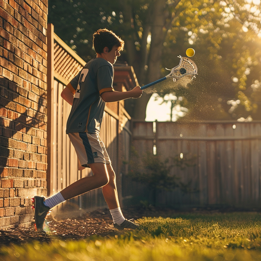 Young Lacrosse player practicing wall ball in a suburban backyard as part of fun youth Lacrosse drills.