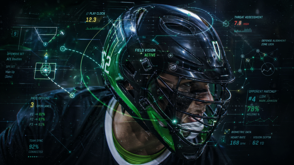A male Lacrosse player is featured in a close up, eye level shot, with a sophisticated augmented-reality tactical HUD overlay spanning the entire scene that feels like a hybrid between real-time coaching analytics and video game tactical vision, explicitly designed to demonstrate How to improve lacrosse IQ through real-time decision mapping, spatial awareness cues, and predictive play visualization.