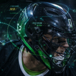 A male Lacrosse player is featured in a close up, eye level shot, with a sophisticated augmented-reality tactical HUD overlay spanning the entire scene that feels like a hybrid between real-time coaching analytics and video game tactical vision, explicitly designed to demonstrate How to improve lacrosse IQ through real-time decision mapping, spatial awareness cues, and predictive play visualization.