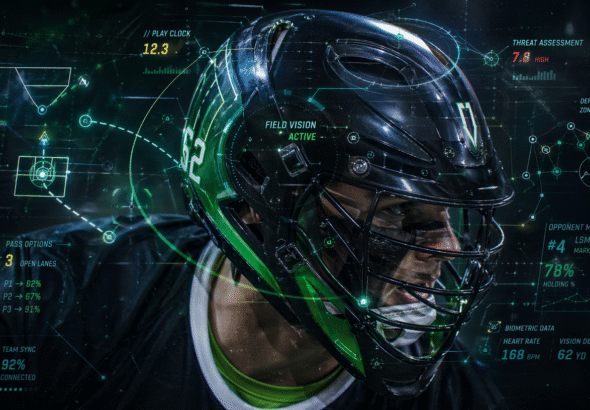 A male Lacrosse player is featured in a close up, eye level shot, with a sophisticated augmented-reality tactical HUD overlay spanning the entire scene that feels like a hybrid between real-time coaching analytics and video game tactical vision, explicitly designed to demonstrate How to improve lacrosse IQ through real-time decision mapping, spatial awareness cues, and predictive play visualization.