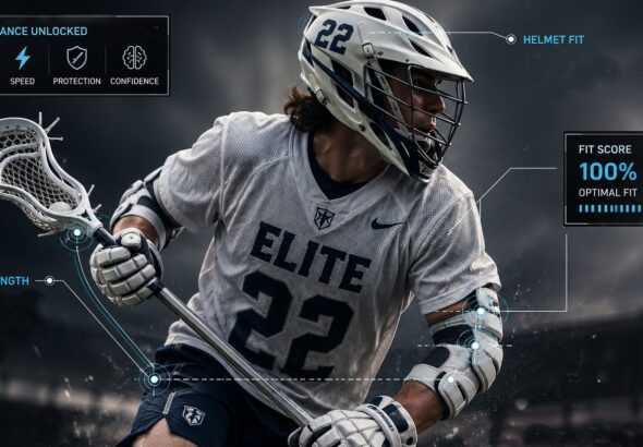 A male Lacrosse player in action demonstrating proper Lacrosse gear fit, relevant to the lacrosse size chart by age and position, holding a white Lacrosse stick with a “Fit score 100% optimal fit” panel displayed on the right.
