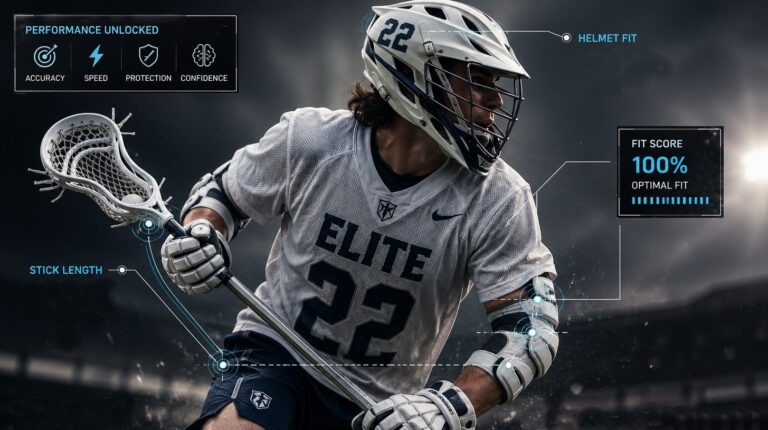 A male Lacrosse player in action demonstrating proper Lacrosse gear fit, relevant to the lacrosse size chart by age and position, holding a white Lacrosse stick with a “Fit score 100% optimal fit” panel displayed on the right.