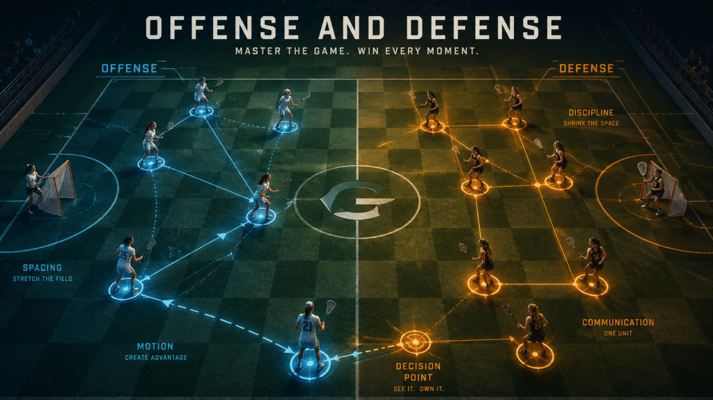 Stylized field viewed from above showing Women’s Lacrosse Tactical Systems in action: female lacrosse players positioned like chess pieces across the pitch, with highlighted lanes and zones illustrating offensive triangles versus defensive grids, and subtle glowing markers indicating key tactical decision points.