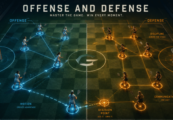 Stylized field viewed from above showing Women’s Lacrosse Tactical Systems in action: female lacrosse players positioned like chess pieces across the pitch, with highlighted lanes and zones illustrating offensive triangles versus defensive grids, and subtle glowing markers indicating key tactical decision points.