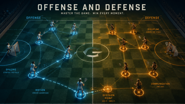 Stylized field viewed from above showing Women’s Lacrosse Tactical Systems in action: female lacrosse players positioned like chess pieces across the pitch, with highlighted lanes and zones illustrating offensive triangles versus defensive grids, and subtle glowing markers indicating key tactical decision points.