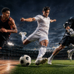 Three elite athletes in explosive action featuring Lacrosse vs basketball and soccer at Los Angeles 2028: a basketball player aggressively dribbling through motion blur, a soccer player striking a powerful shot mid-kick, and a lacrosse player sprinting with stick raised.