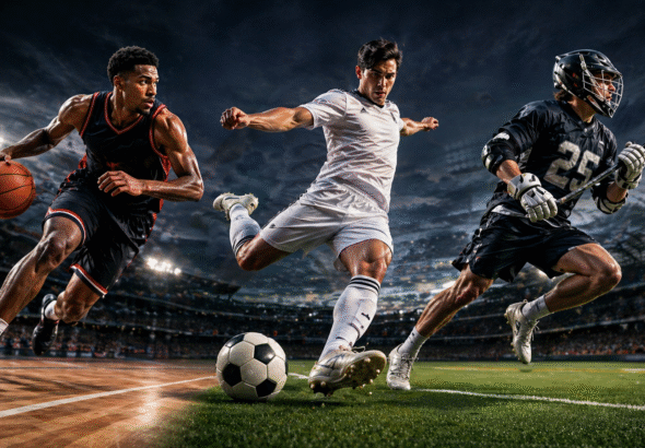 Three elite athletes in explosive action featuring Lacrosse vs basketball and soccer at Los Angeles 2028: a basketball player aggressively dribbling through motion blur, a soccer player striking a powerful shot mid-kick, and a lacrosse player sprinting with stick raised.