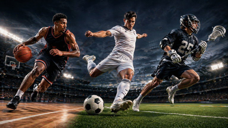 Three elite athletes in explosive action featuring Lacrosse vs basketball and soccer at Los Angeles 2028: a basketball player aggressively dribbling through motion blur, a soccer player striking a powerful shot mid-kick, and a lacrosse player sprinting with stick raised.