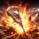 2028 Lacrosse shift: Lacrosse stick hitting ball in an explosion of energy and sparks, dynamic background with stadium lights and crowd silhouettes.