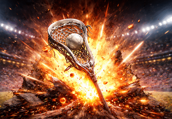 2028 Lacrosse shift: Lacrosse stick hitting ball in an explosion of energy and sparks, dynamic background with stadium lights and crowd silhouettes.