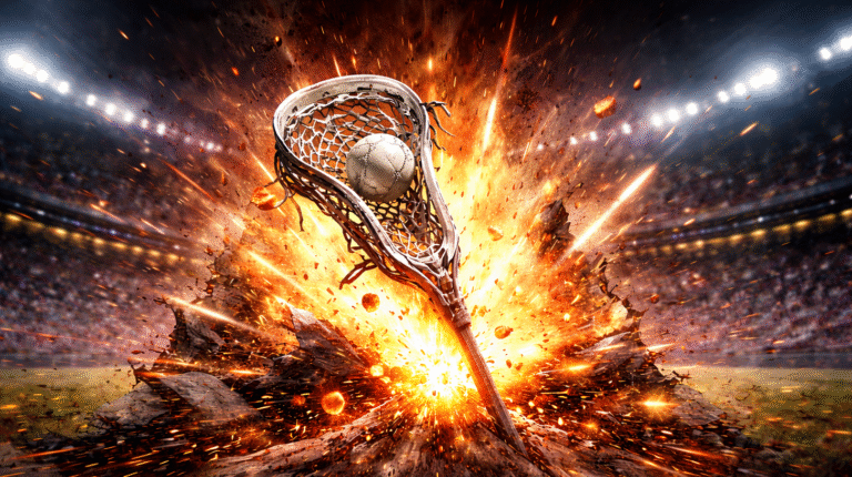 2028 Lacrosse shift: Lacrosse stick hitting ball in an explosion of energy and sparks, dynamic background with stadium lights and crowd silhouettes.