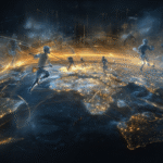 A vast glowing world map suspended in a dark atmospheric space with subtle volumetric lighting, Lacrosse player silhouettes positioned across different continents (North America, Europe, Africa, Asia, Australia), illustrating global expansion and qualification pathways in the context of the 2028 Lacrosse Controversy: Who Is Eligible?