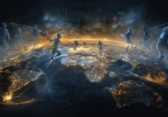 A vast glowing world map suspended in a dark atmospheric space with subtle volumetric lighting, Lacrosse player silhouettes positioned across different continents (North America, Europe, Africa, Asia, Australia), illustrating global expansion and qualification pathways in the context of the 2028 Lacrosse Controversy: Who Is Eligible?