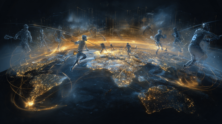 A vast glowing world map suspended in a dark atmospheric space with subtle volumetric lighting, Lacrosse player silhouettes positioned across different continents (North America, Europe, Africa, Asia, Australia), illustrating global expansion and qualification pathways in the context of the 2028 Lacrosse Controversy: Who Is Eligible?