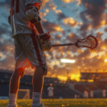 A beginner lacrosse player standing confidently on the field during a practice of Lacrosse Rules for Beginners, holding a lacrosse stick under dramatic stadium lights and a sunrise glow, with teammates practicing in the background.