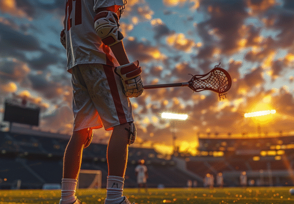 A beginner lacrosse player standing confidently on the field during a practice of Lacrosse Rules for Beginners, holding a lacrosse stick under dramatic stadium lights and a sunrise glow, with teammates practicing in the background.