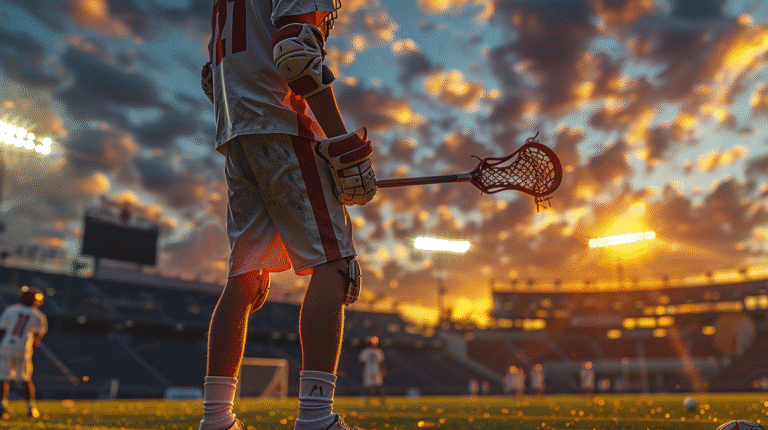 A beginner lacrosse player standing confidently on the field during a practice of Lacrosse Rules for Beginners, holding a lacrosse stick under dramatic stadium lights and a sunrise glow, with teammates practicing in the background.