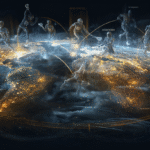 A vast glowing world map suspended in a dark atmospheric space with subtle volumetric lighting, Lacrosse player silhouettes positioned across different continents (North America, Europe, Africa, Asia, Australia), illustrating global expansion and qualification pathways in the context of the 2028 Lacrosse Controversy: Who Is Eligible?