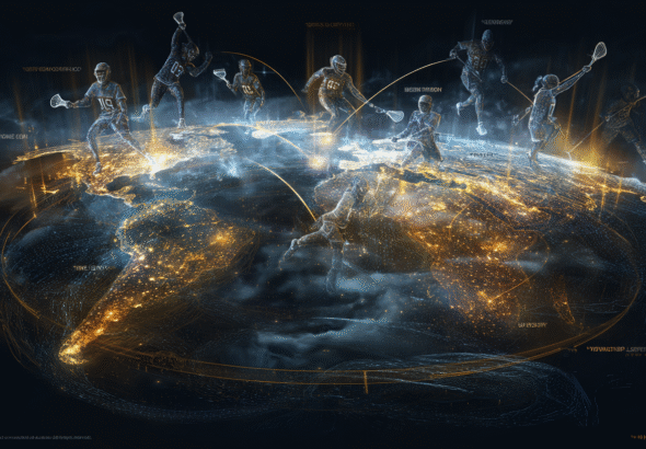 A vast glowing world map suspended in a dark atmospheric space with subtle volumetric lighting, Lacrosse player silhouettes positioned across different continents (North America, Europe, Africa, Asia, Australia), illustrating global expansion and qualification pathways in the context of the 2028 Lacrosse Controversy: Who Is Eligible?