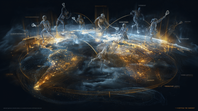 A vast glowing world map suspended in a dark atmospheric space with subtle volumetric lighting, Lacrosse player silhouettes positioned across different continents (North America, Europe, Africa, Asia, Australia), illustrating global expansion and qualification pathways in the context of the 2028 Lacrosse Controversy: Who Is Eligible?