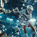 Indoor shooting of American men's Lacrosse in action, highlighting the Lacrosse 2028 comeback, with players' hands on sticks during intense gameplay.