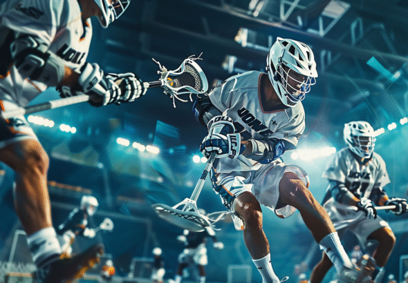 Indoor shooting of American men's Lacrosse in action, highlighting the Lacrosse 2028 comeback, with players' hands on sticks during intense gameplay.
