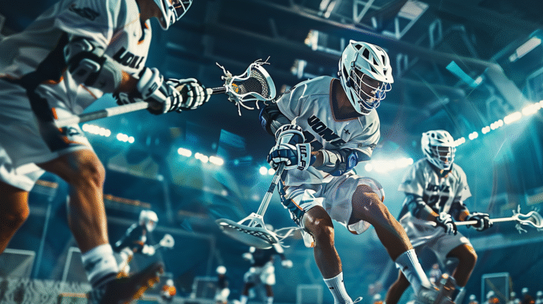 Indoor shooting of American men's Lacrosse in action, highlighting the Lacrosse 2028 comeback, with players' hands on sticks during intense gameplay.