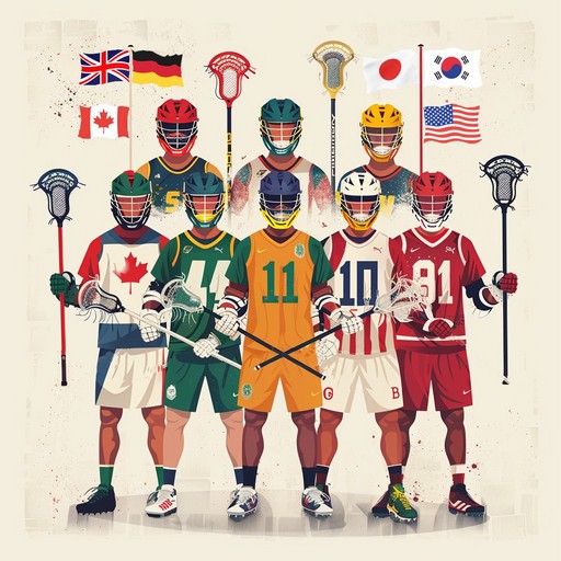 The world's most famous Lacrosse players, each holding sticks with flags from different countries, celebrating the Lacrosse 2028 comeback.