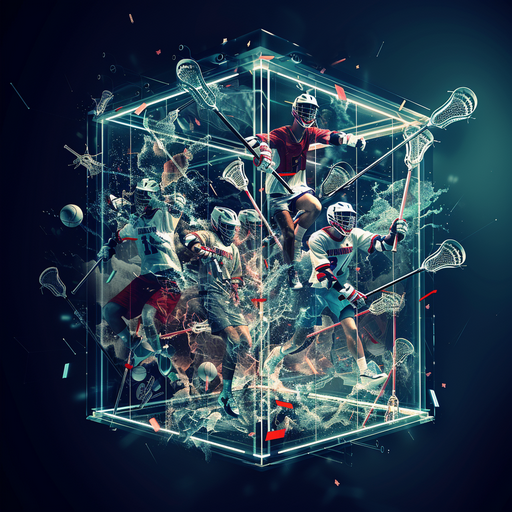 Lacrosse and constrained growth: a dense, rigid container-like structure represents limitation. Inside and pushing against this confined space is the explosive reality of Lacrosse in the “2028 Lacrosse Controversy”: players, sticks, nets, and balls all packed far beyond capacity, overlapping and pressing outward.