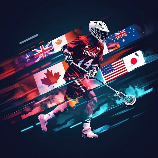 A Lacrosse player in action set against a background featuring the flags of the countries most likely to qualify for Lacrosse 2028, highlighting the 2028 Lacrosse Controversy.