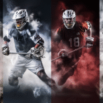Four lacrosse players illustrating the four main lacrosse positions.