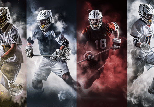 Four lacrosse players illustrating the four main lacrosse positions.