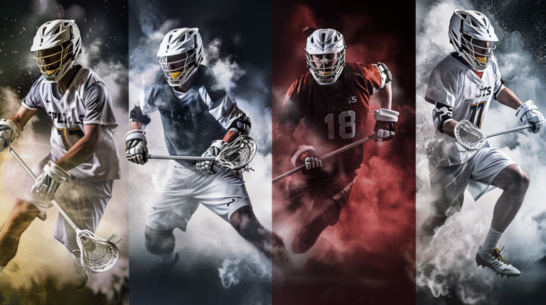 Four lacrosse players illustrating the four main lacrosse positions.