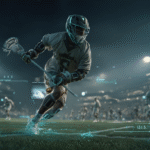 A male lacrosse player running on a well-maintained grassy field during a nighttime stadium game, illustrating how to improve lacrosse IQ through real-time decision-making, with glowing cyan futuristic HUD elements displaying data and graphics overlaid across the image.